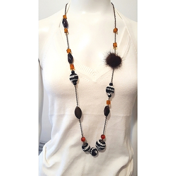 Y2K-90's💛Long Necklace| Brown-Brass  Beads|Fur☆Knit☆Metal - Picture 2 of 5